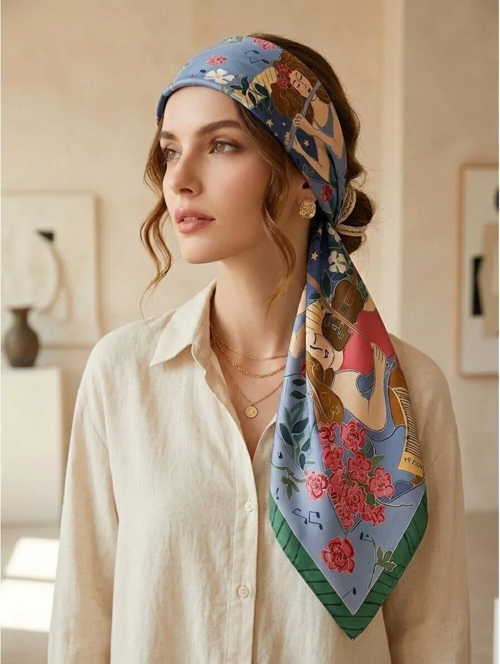 Vintage Cynthia MacCollum 100% Silk Scarf Musical Art Floral Print 54”x16”